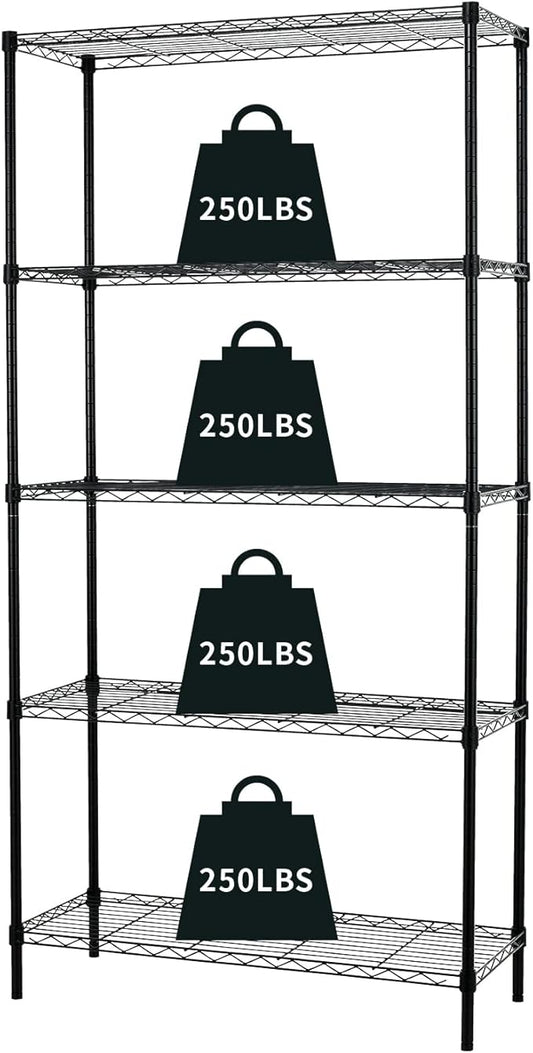 5-Tier Wire Shelving Unit Storage Shelves Metal Shelves Heavy Duty Metal Storage Rack NSF Height Adjustable for Home Kitchen Bathroom Garage Pantry Organization(Black)