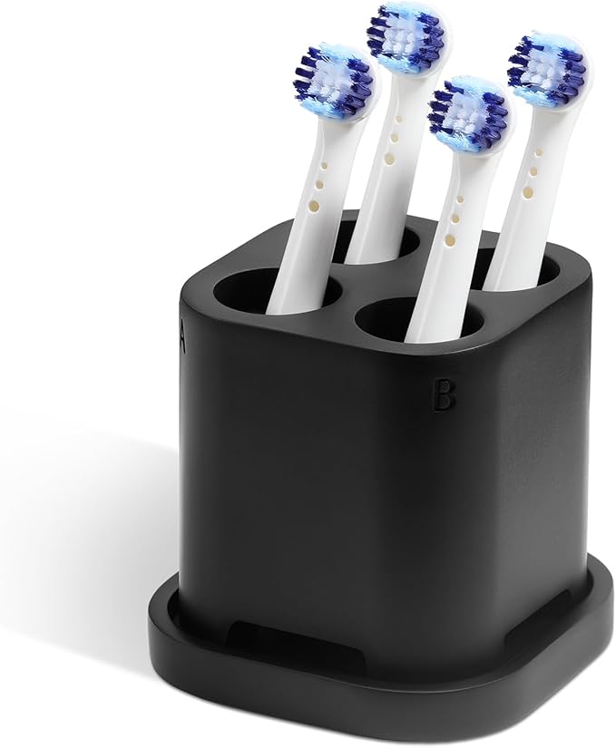 Luxspire Toothbrush Holder - 4 Slots, Character Marked, Drainage Hole & Tray, Non-Slip, Electric Toothbrush Head Holder, Toothbrush Holder for Bathroom, Matte Black