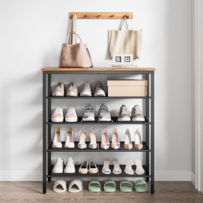 Shoe Rack, 5-Tier Shoe Storage Organizer with 4 Metal Mesh Shelves for 15-20 Pairs, Free Standing Shoe Racks, for Entryway, Hallway, Closet, Dorm Room, Industrial, Rustic Brown-NeatNest