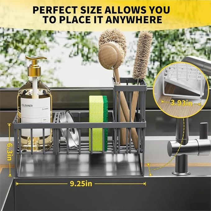 Cisily Sink Caddy Organzier with High Brush Holder, Sponge Holder for Sink, 304 Rustproof Stainless, Kitchen Countertop Soap Dispenser Organizer, Dark Gray Kitchen Decor and Accessories-NeatNest