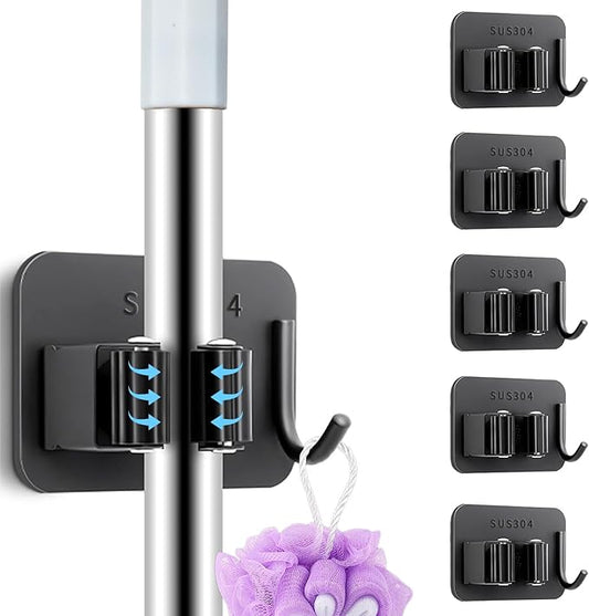 5 Pack Heavy Duty Mop and Broom Holder Wall Mount, No Drill Self Adhesive Stainless Steel Hanger with Hooks, Anti-Slip Tool Organizer for Bathroom, Kitchen, Garage, Laundry Room (5, Black)