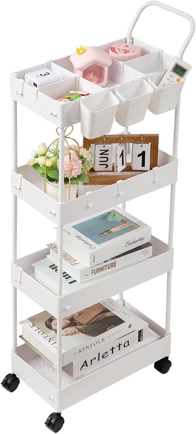 danpinera Storage Cart, 4 Tier Narrow Rolling Storage with Wheels & Dividers, Bathroom Organizer Slim Laundry Cart with Handle Hanging Cups Hooks, White