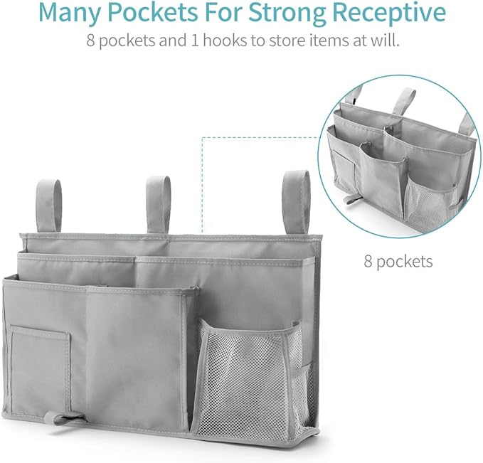 Bseash Bunk Bed Organizer, Bedside Caddy Hanging Bed Organizer Storage Bag 8 Pockets, for College Dorm Rooms Bed, Hospital Bed, Baby Bed Rails, 600D Oxford Cloth (Gray)-NeatNest
