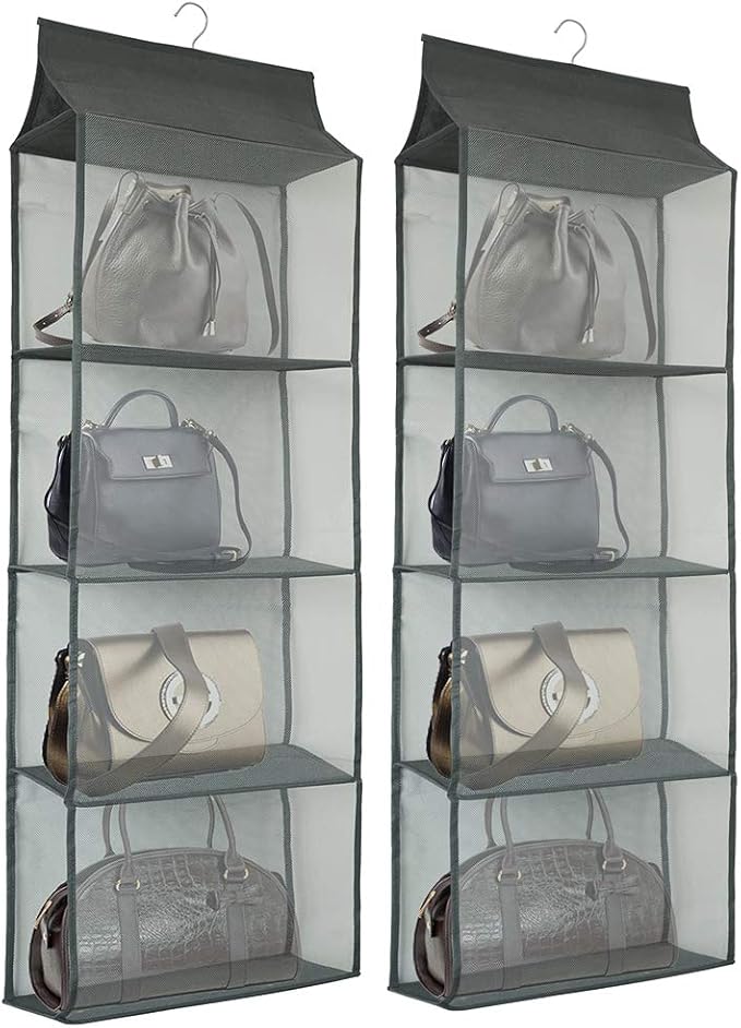 Closet Handbag Purse Holder, Space Saving Hanging Handbag Storage Tote Bag Organizer Holder with 4 Large Heavy-Duty Mesh Shelves for Wardrobe Closet(Pack of 2 Gray)-NeatNest