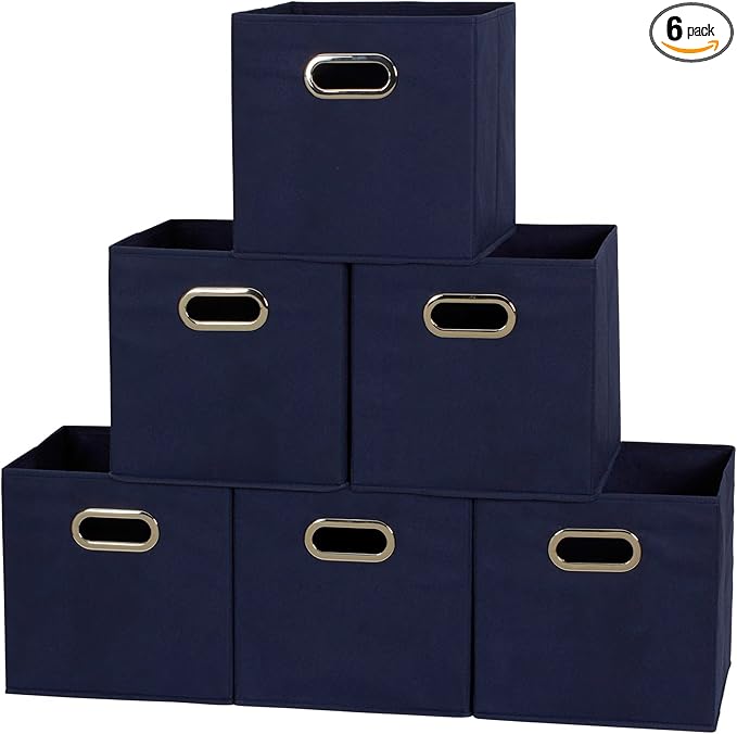 Household Essentials 81-1 Foldable Fabric Storage Bins | Set of 6 Cubby Cubes with Handles | Navy Blue, 6 lbs