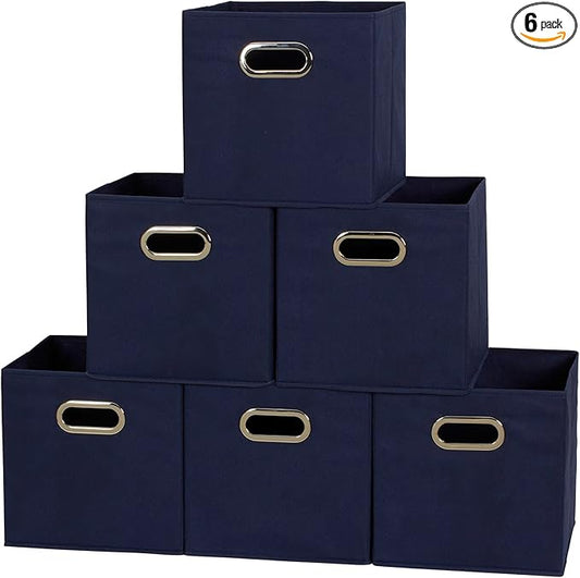 Household Essentials 81-1 Foldable Fabric Storage Bins | Set of 6 Cubby Cubes with Handles | Navy Blue, 6 lbs