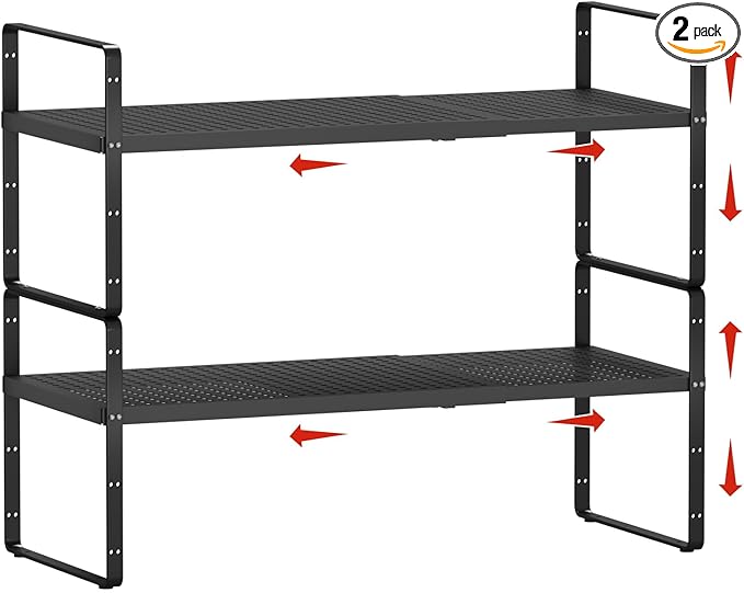 2Pack Expandable Cabinet Countertop Shelves 16.5-27’’L, Adjustable Metal Spice Rack Organizer, Stackable Kitchen Counter Storage Shelves Organizers for Cabinet Organization, Black-NeatNest