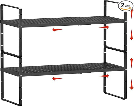 2Pack Expandable Cabinet Countertop Shelves 16.5-27’’L, Adjustable Metal Spice Rack Organizer, Stackable Kitchen Counter Storage Shelves Organizers for Cabinet Organization, Black-NeatNest