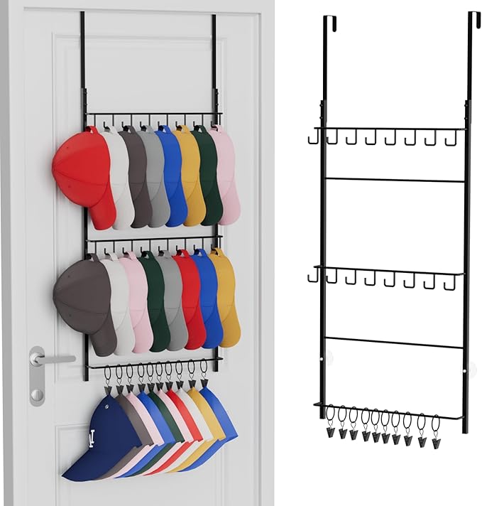 Consumest Over Door Hat Organizer - 3 Tier Wall Mounted Hat Rack with 16 Hooks and 10 Movable Clips, Hanging Baseball Cap Storage Holds up to 26 Caps for Door, Bedroom, Closet USPTO Patent Pending-NeatNest