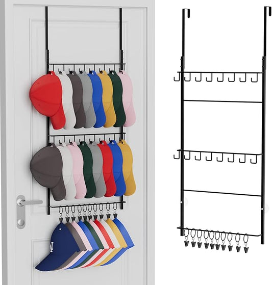 Consumest Over Door Hat Organizer - 3 Tier Wall Mounted Hat Rack with 16 Hooks and 10 Movable Clips, Hanging Baseball Cap Storage Holds up to 26 Caps for Door, Bedroom, Closet USPTO Patent Pending-NeatNest