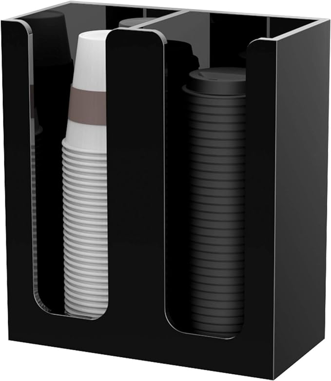 Richboom Acrylic Coffee Cup and Lid Storage Organizer Holder, 2 Compartments, Black-NeatNest