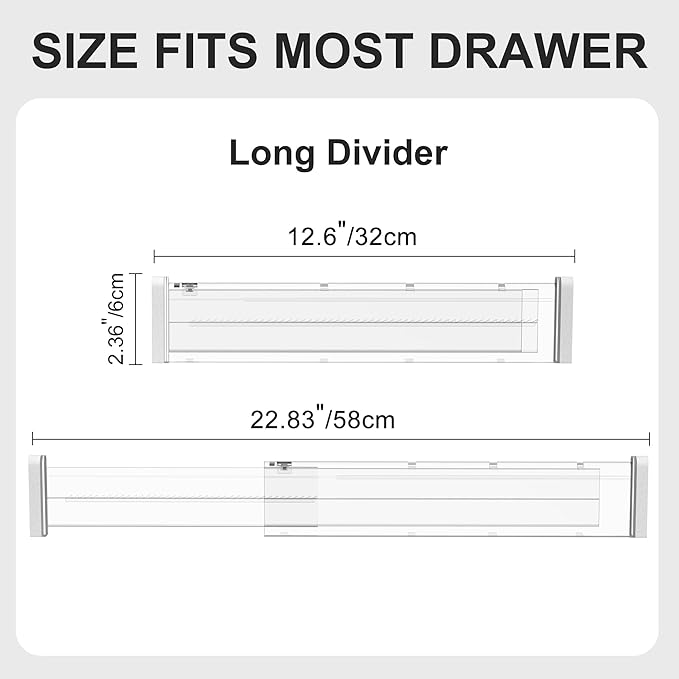 HiYZ Expandable Drawer Dividers - 12.6-22.8'' Adjustable Drawers Organizers for Kitchen Utensils, Drawer Separators in Bedroom, Dresser, Office, Bathroom, Fridge, 12 Pack Long Dividers-Clear-NeatNest