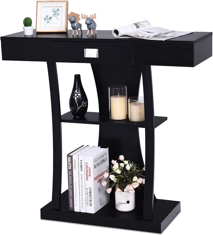 Giantex Console Table, Sofa Table with Drawer and 2-Tier Shelves, Accent Table for Entryway, Hallway and Living Room (Black)-NeatNest