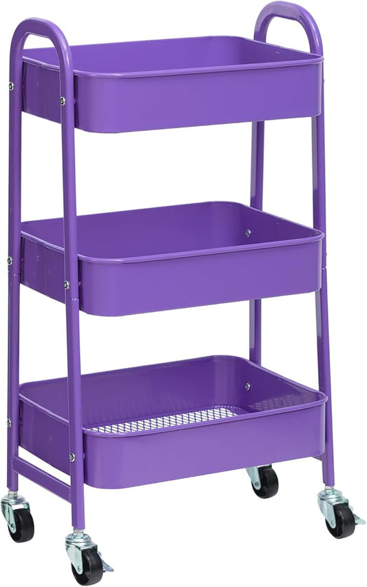 AGTEK Makeup Cart, Movable Rolling Organizer Cart, 3 Tier Metal Utility Cart with Lockable Wheels for Home & Office, Violet-NeatNest