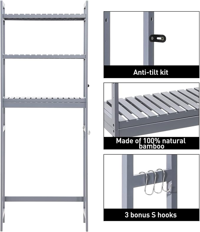 HITOMEN Over The Toilet Storage Cabinet, Bamboo Adjustable 3-Tier Above Toilet Shelf, Stable Freestanding Above Toilet Organizer with 3 Hooks for Bathroom Restroom Laundry Balcony, Grey 67" H