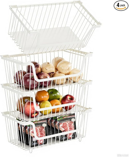 4 Pcs Stackable Wire Baskets for Pantry Organizers and Storage,Vegetable Fruit Basket for Countertop,Kitchen Storage Metal Baskets,Produce Potato Onion Storage Bin,White