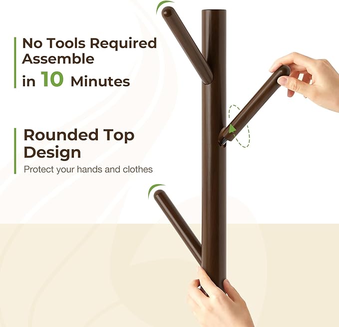 GREENSTELL Coat Rack with 8 Hooks, Wooden Coat Rack Freestanding with Shelf, Coat Tree with 4 Height Options 50.5"-72.6", Coat Hanger Stand for Bags, Clothes, Umbrellas, Hats, in Home, Brown-NeatNest