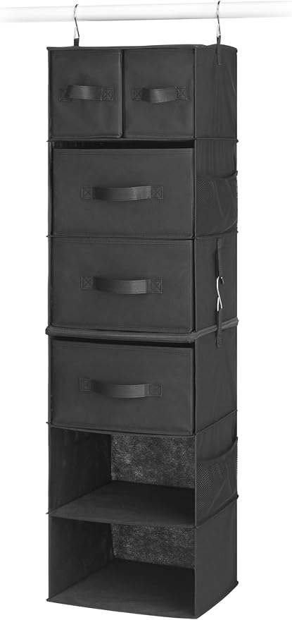 Whitmor Multi-Functional Hanging Organizer with Drawer Inserts- 5 Section - Closet Organizer - Black-NeatNest