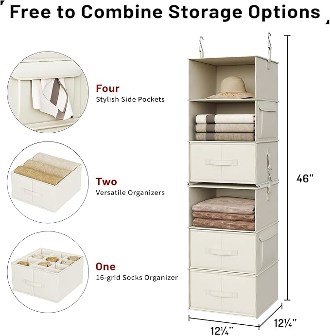 Vailando 6-Shelf Hanging Closet Organizer, 2 Separable 3-Shelf Hanging Shelves with 3 Drawers for Wardrobe, Nursery, Baby Clothes Organization and Storage, Beige-NeatNest
