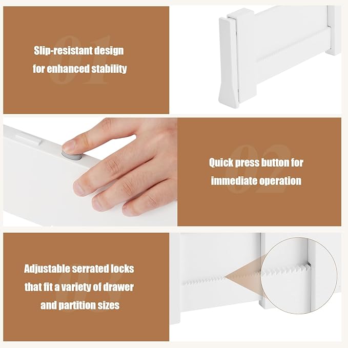 4 Pack 3.8" High Drawer Dividers, 11"-17" Expandable Drawer Organizer For Clothes, Dresser Drawer Organizer, Drawer Separators for Baby Clothes, Vanity, Kitchen and Office Storage, Warm White-NeatNest