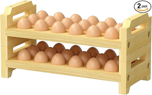 Egg Holder Countertop, 2 Tier Stackable Wooden Egg Holder for 36 Eggs, Egg Stand with Handle for Kitchen Organizer, Fits Quail, Duck, Turkey, Chicken Eggs