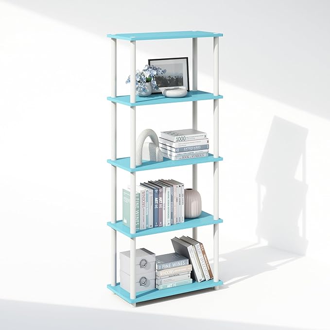 Furinno Turn-N-Tube 5-Tier Multipurpose Compact Bookcase, Light Blue/White-NeatNest