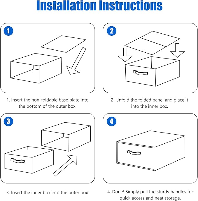 Closet Drawer Organizer Stackable Fabric Storage Boxes Bins Baskets with Lid PU Leather Handles Foldable Washable Cotton Linen Wardrobe Shelf Clothes Towels Container (Black, Large)-NeatNest