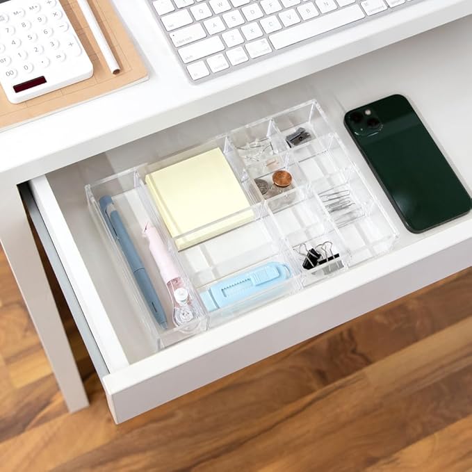 Isaac Jacobs 12-Compartment Clear Acrylic Drawer Organizer (9.4" L x 6.4" W x 1.3" H), Multi-Sectional Tray & Storage Solution for Makeup, School & Office Supplies, Bathroom, Kitchen-NeatNest