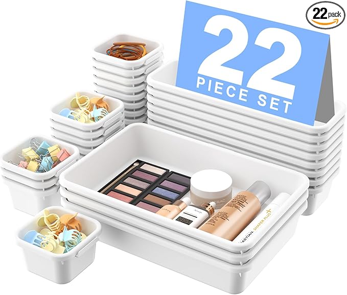 A-LuGei 【𝟮𝟮𝗣𝗖𝗦】 Plastic White Desk Drawer Organizer, Bathroom Organizers and Storage, Makeup Organizer, Organization and Storage Bin Container for Vanity Office Utensils Tool Pantry Cosmetic-NeatNest