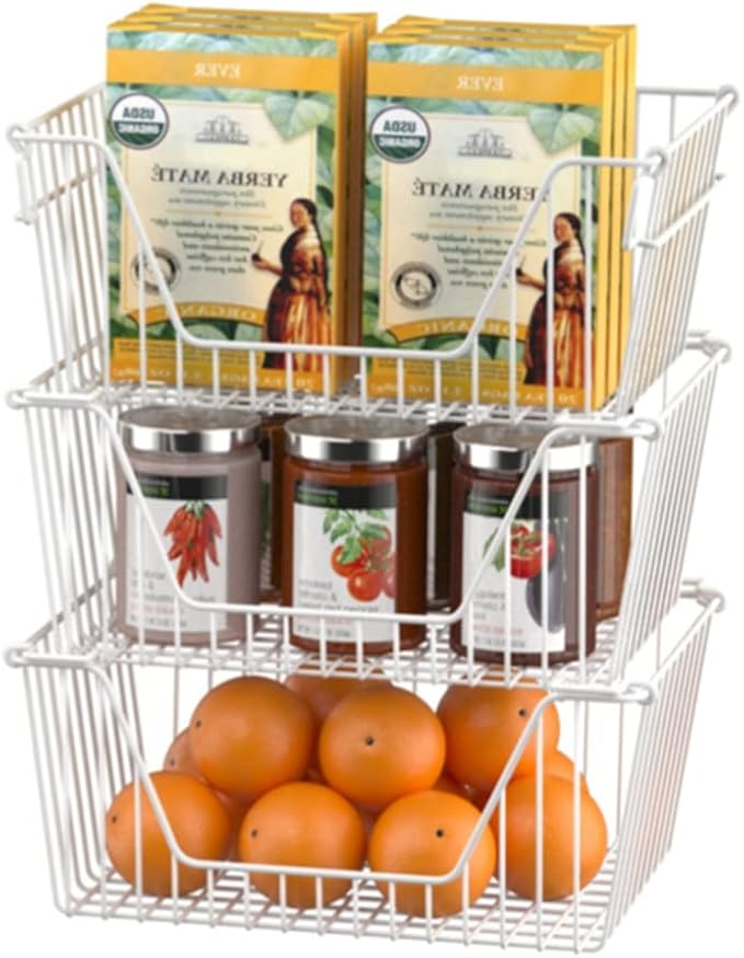 Slideep 14" Large Bin Baskets Stacking Baskets Sturdy Metal Wire Storage Baskets Organization with Handles for Pantry, Kitchen, Closets, Bathroom, Cabinets, Kitchen,White, Set of 3