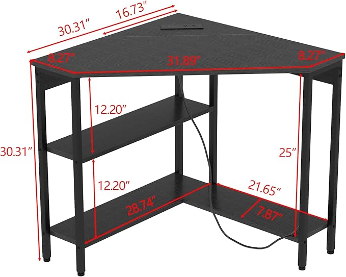 Corner Desk with Outlets & USB Ports, 90 Degree Triangle Corner Table with CPU Stand & Storage Shelves for Small Space, Computer Table with Charging Station for Home Office Bedroom (Black)-NeatNest