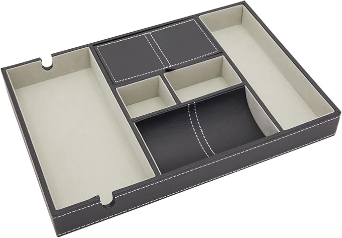 Juvale Leather Valet Catchall Tray for Men with 6 Compartments - Bedside Nightstand Organizer for Phones (Black) - Valet Tray-NeatNest