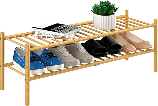 2-Tier Bamboo Long Shoe Rack, Free Standing Wood Shoe Shelf Storage Organizer for Closet Entryway Stackable 35"x11"x13" (Natural)-NeatNest