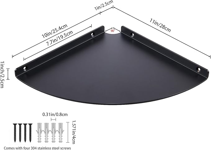 11 Inch Corner Shelf - Heavy Duty 3.0mm Aluminum Alloy Wall Mounted Floating Shelf for Bathroom, Kitchen, Living Room, Office, Bedroom & Dorm - Black