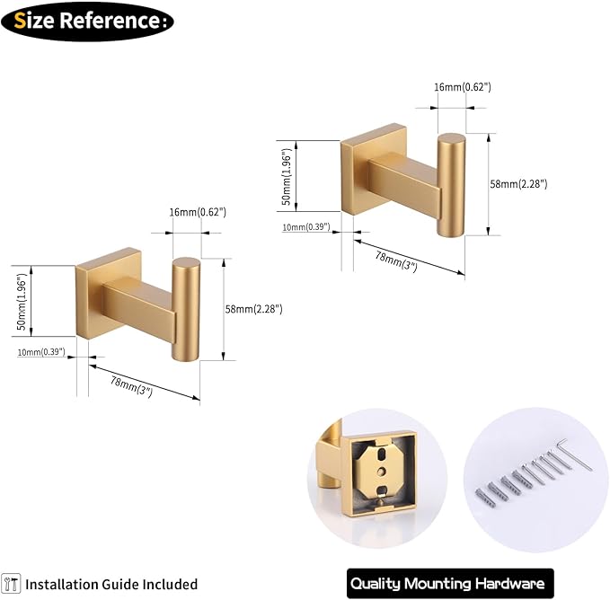 GERZWY Wall Mounted Towel Hook Heavy Duty Robe Coat Hook Luxury Hooks for Bathroom 2 Pack Gold Stainless Steel DG1407-BE