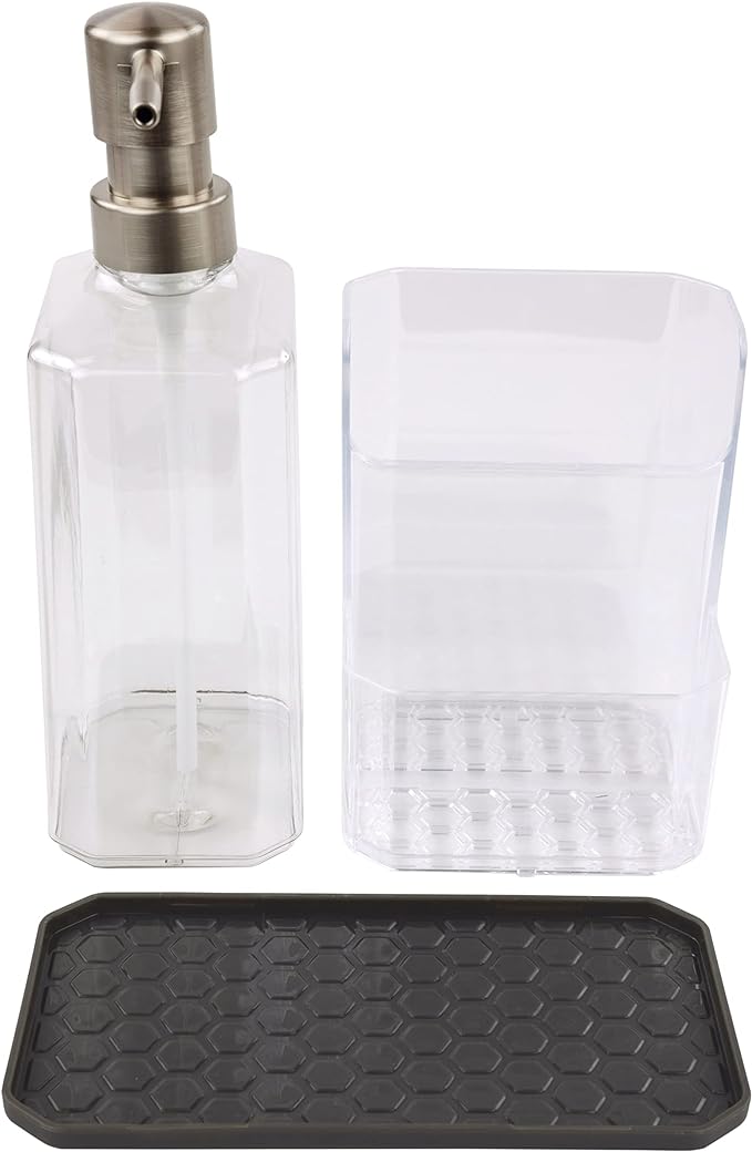 Spectrum HEXA Sponge & Brush Organizer With Soap Pump, Kitchen Sink Organizer With Refillable Soap Pump, Sponge & Dish Brush Holder Easy-Clean Sink Organization & Dish Brush Holder with Removable Base