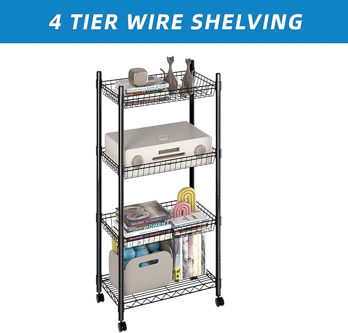 4 Tier Wire Shelving Wire Basket Shelf Storage Cart Adjustable Metal Shelf 2 Bottoms for Choose(Castor or Leveling Feet) for Office,Kitchen,Bedroom,Black(23.23" L x 13.11" W x 49.21" H)