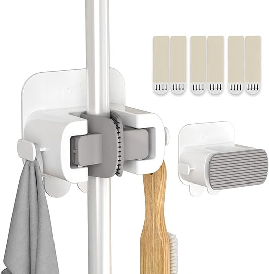 TAILI Mop and Broom Holder Wall Mount Grippers, 2 Hangers and 6 Adhesive Strips, Damage Free Hanging Wall Mount, Household Cleaning Organizer for Organization and Storage, Holds up to 4 lbs, Grey-NeatNest