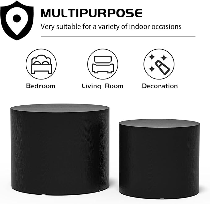 Kevinplus Round Nesting Coffee End Tables Set of 2, Small Space Living Room/Office, No Assembly (Matte Black)