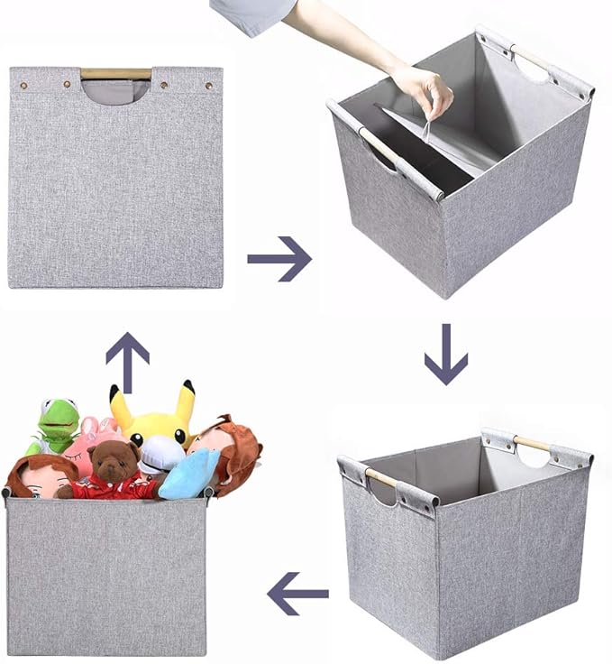 HOONEX Large Foldable Storage Bins, Linen Fabric, 2 Pack, with Wooden Carry Handles and Sturdy Heavy Cardboard, for Home, Office, Car, Nursery, Light Grey