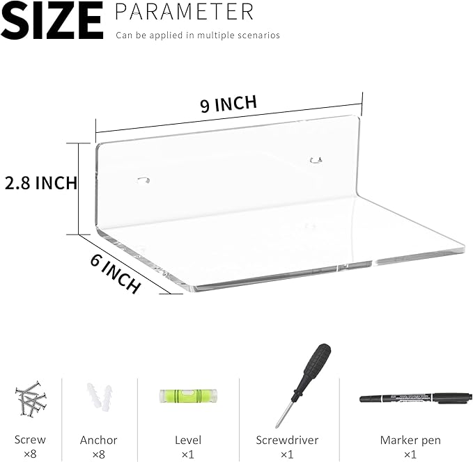 9 Inch Clear Wall Shelves, Acrylic Small Floating Shelf, Home Wall Display Shelf for Storage, Room Décor, Space Saving, Items Organizer, Bathroom Organizer, 4 Pack-NeatNest
