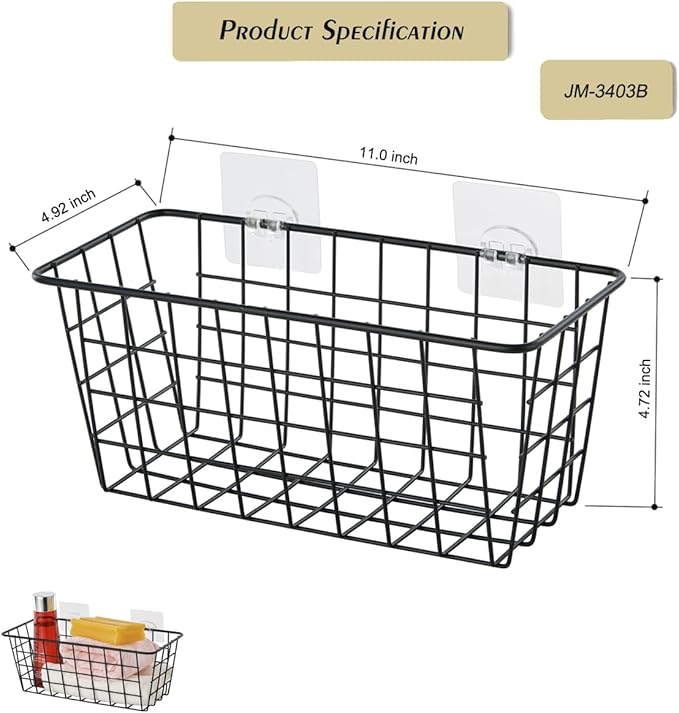 4 Pack Hanging Sorage Basket, Bathroom Basket, Household Goods, with Traceless Tape, no Drilling, for Cabinet Storage, Kitchen, Bathroom, Storage Room,Black