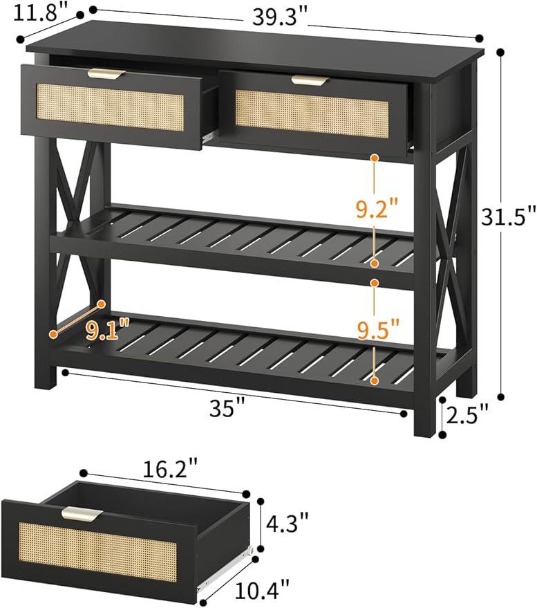 Console Table with 2 Rattan Drawers, Wooden Entryway Table with 3-Tier Storage Shelves, Display Shelf for Entryway, Hallway, Foyer and Living Room, Black-NeatNest