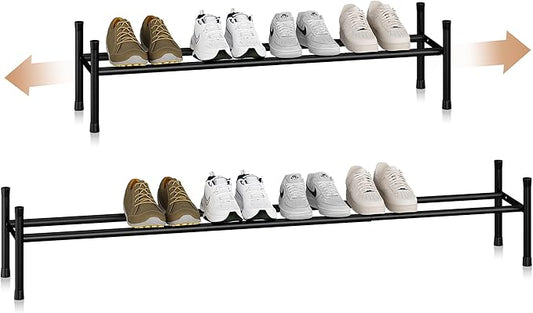 STORAGE MANIAC Long Expandable Shoe Rack, 6 Pairs Metal Wide Stackable Shoe Rack, Adjustable Shoes Shelf, Freestanding Shoes Organizer for Closet, Entryway, Hallway, Garage, Front Door, 1 Tier-NeatNest