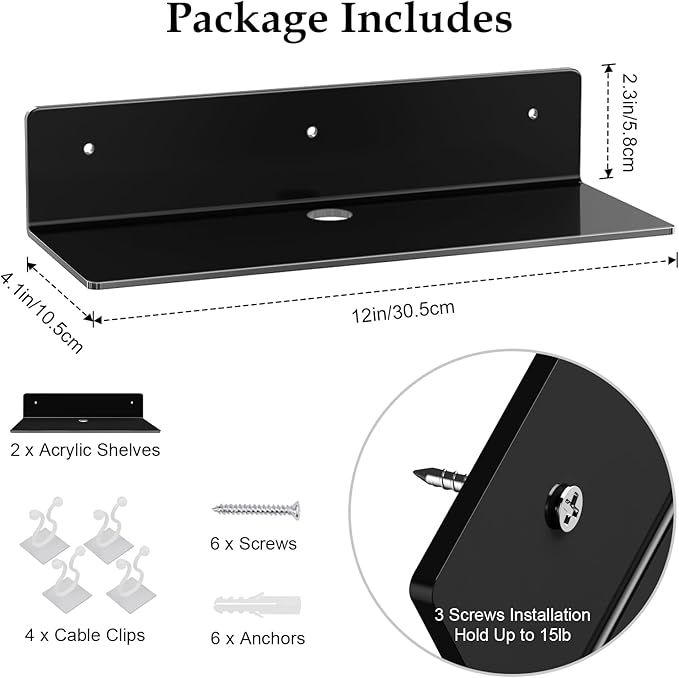 12" Black Acrylic Floating Shelves, 2 Pack with Cable Clips, Small Floating Shelf for Expand Wall Display Space for Living Room, Bathroom, Gaming Room, Dorm Wall Decor-NeatNest