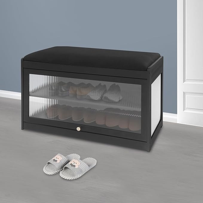 Eapmic Shoe Storage Bench, Entryway Shoe Rack Bench with Padded Seat Cushion, 2-Tier Shoe Cabinet, Bamboo Shoe Organizer for Hallway Bedroom Living Room Front Door (Black, 27.56 * 12.6 * 16.53in)