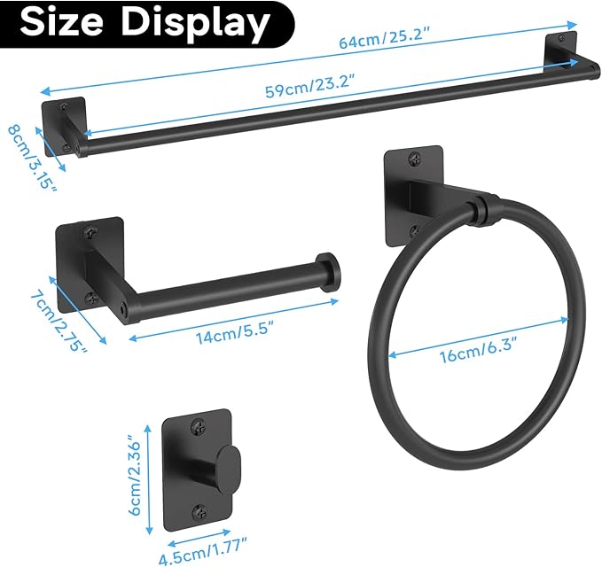 10 Pieces Bathroom Accessories Set, Bathroom Hardware Set, 24 inch Towel Bar, Towel Racks for Bathroom, Robe Towel Hooks, Toilet Paper Holder Wall Mounted, Matte Black