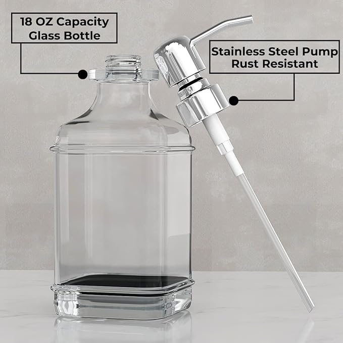 GLADPURE Soap Dispenser - 2 Pack, 18 Oz Antique Design Thick Glass Hand Soap Dispensers; with 304 Rust Proof Stainless Steel Pump, 6Pcs Clear Stickers, for Kitchen, Bathroom - Silver-NeatNest