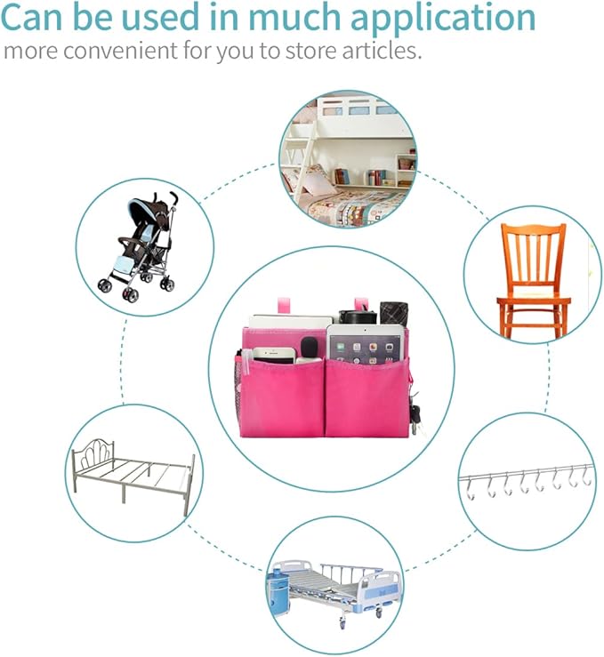 Bunk Bed Organizer, Bedside Caddy Hanging Bed Organizer Storage Bag with 4 Pockets and 2 Hooks, for College Dorm Rooms Bed, Hospital Bed, Baby Bed Rails, 600D Oxford Cloth (Pink)-NeatNest