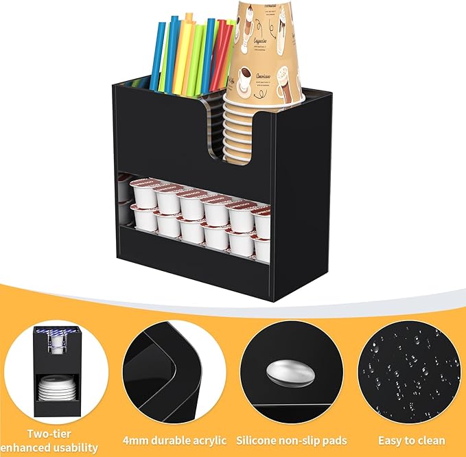 Coffee Condiment and Cup Organizer - 2-Tier Upright Cup and Lid Holder with Straw Organizer 3 Compartments Black Acrylic Cup Dispenser for Restaurant Breakroom Coffee Station Countertop-NeatNest